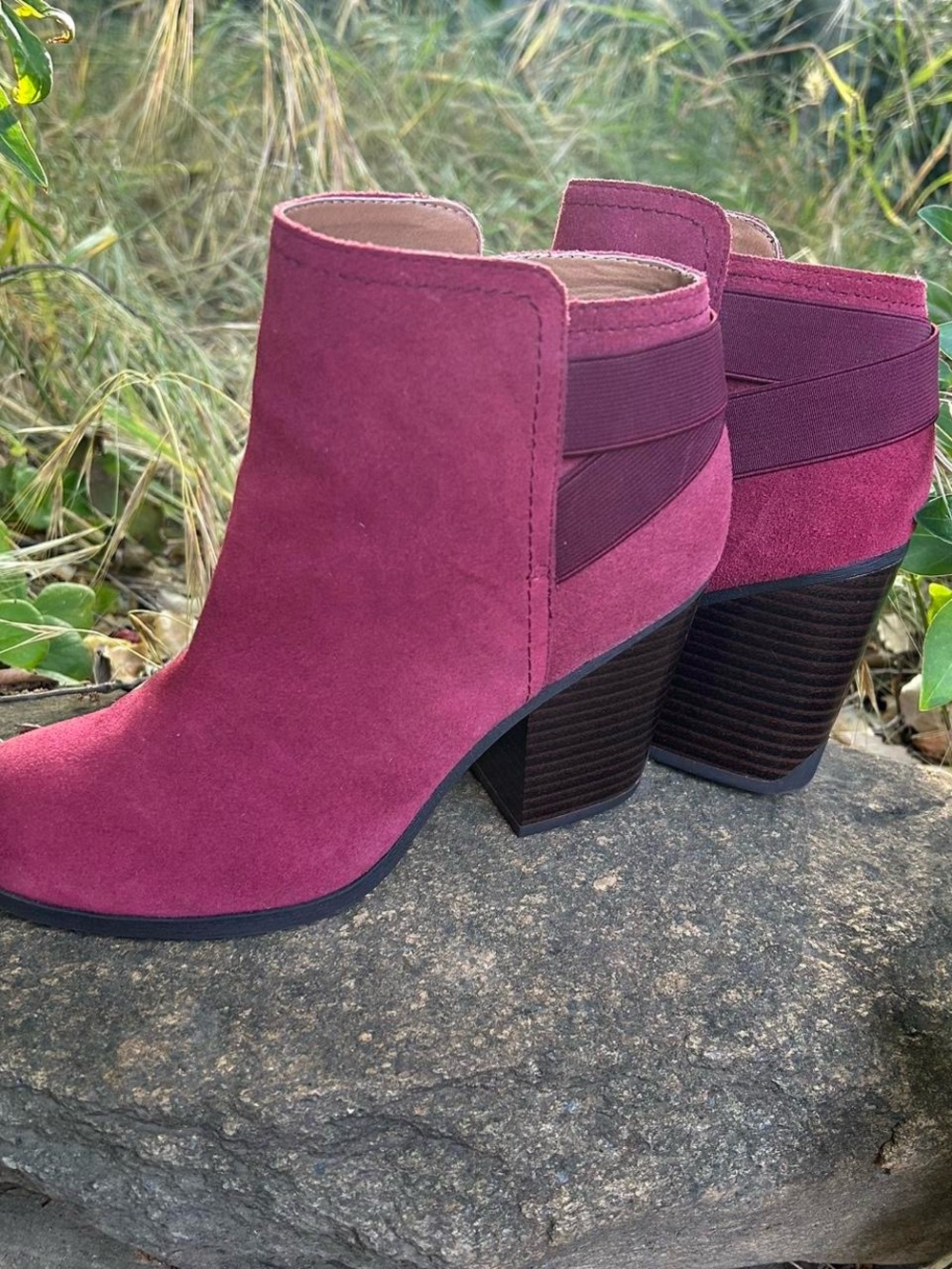 Women’s Suede Ankle Boots in Deep Raspberry - Stylish Block Heel